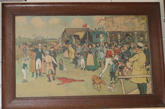 Cecil Aldin, three colour prints, Tavern interiors and a country fair, largest 38 x 61cm